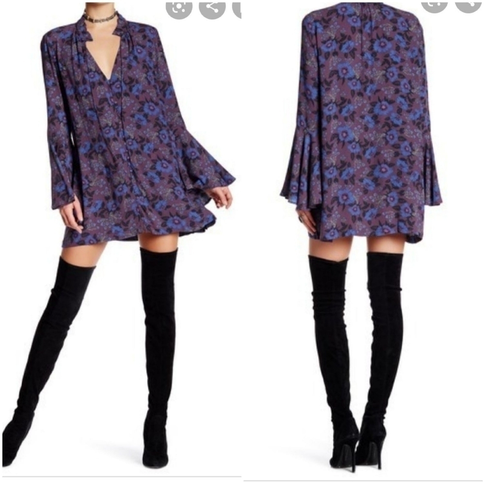 Free People Tunic Sz XS Magic Mystery Split V Neck Multicolor Mini Dress